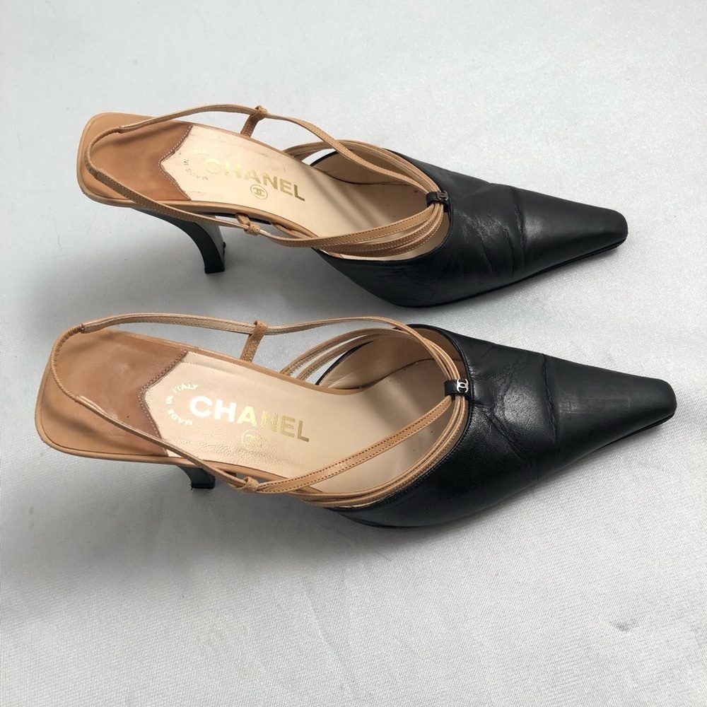 Chanel black and tan leather strappy slingback heel shoes - Picture 4 of 6
